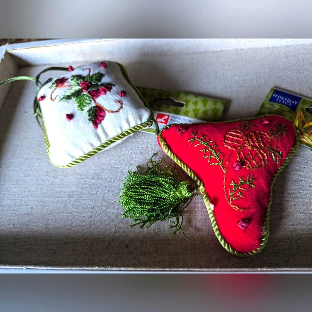 Christmas Ornaments set of 2. Vintage hanging embroidery ornaments